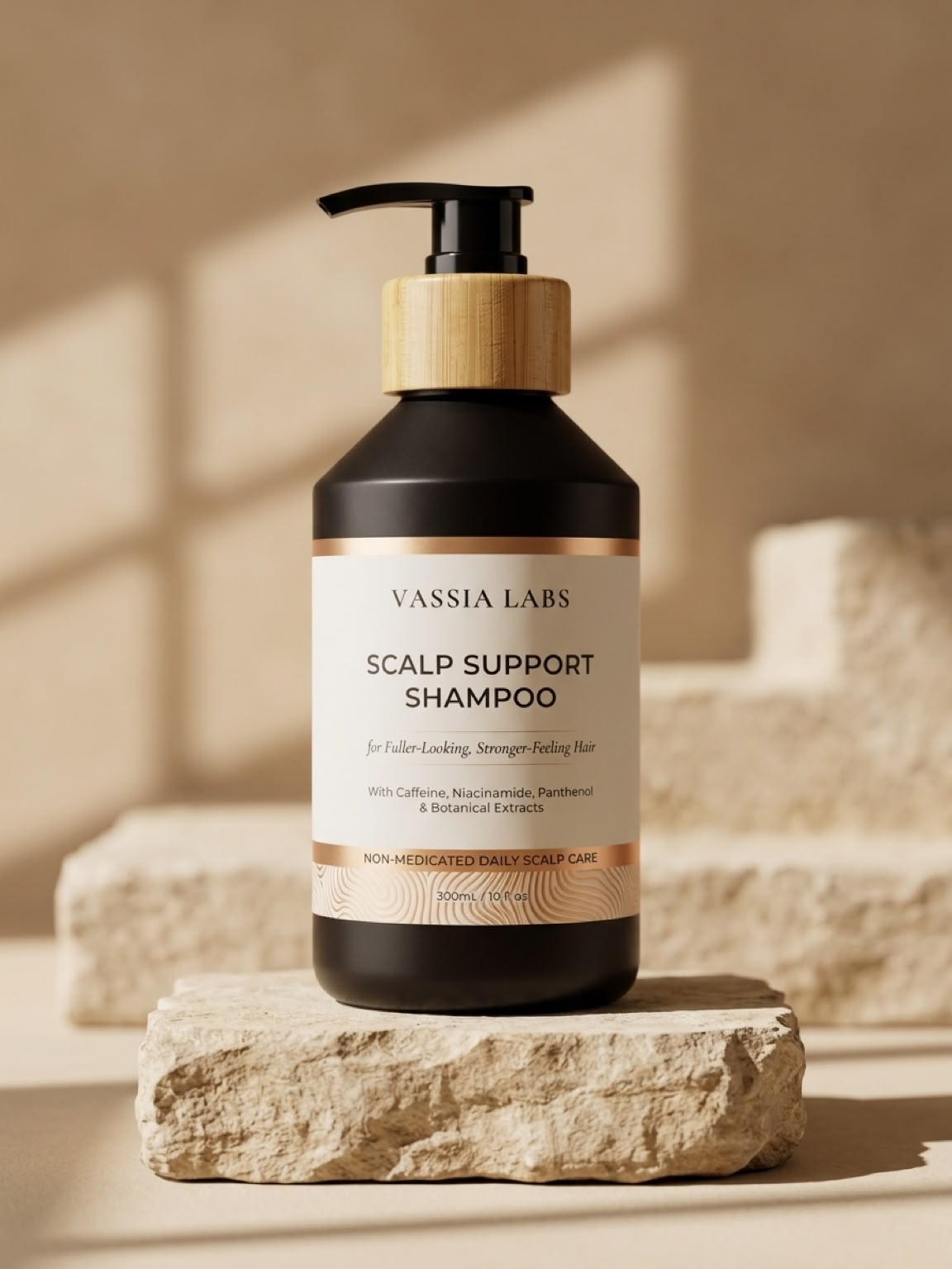 Vassia Labs shampoo bottle standing on a natural stone pedestal.