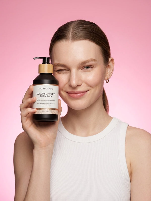 Model holding Vassia Labs shampoo against a pink background.