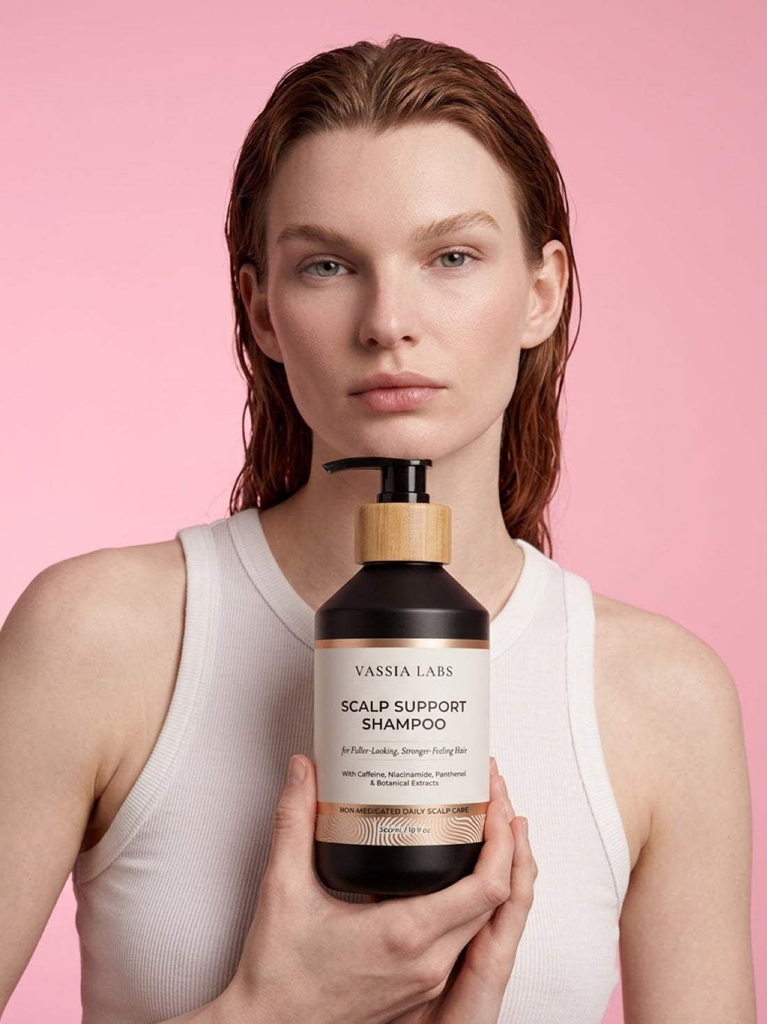 Model holding Vassia Labs shampoo in a portrait.
