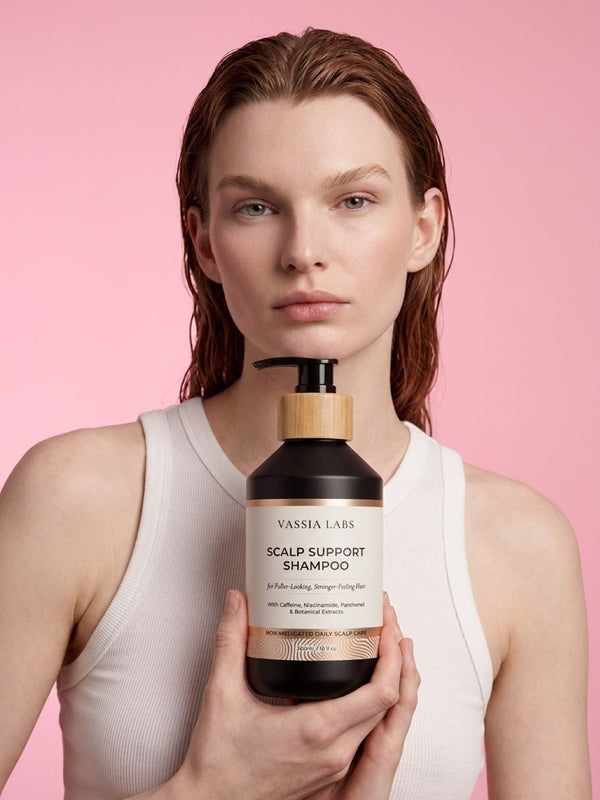 Model holding Vassia Labs shampoo in a portrait.