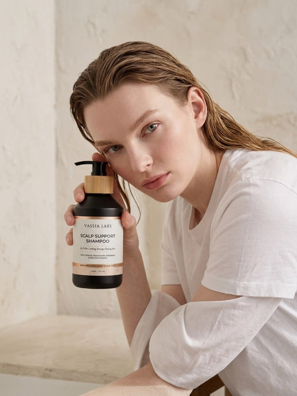Model in white holding Vassia Labs shampoo in a neutral interior.