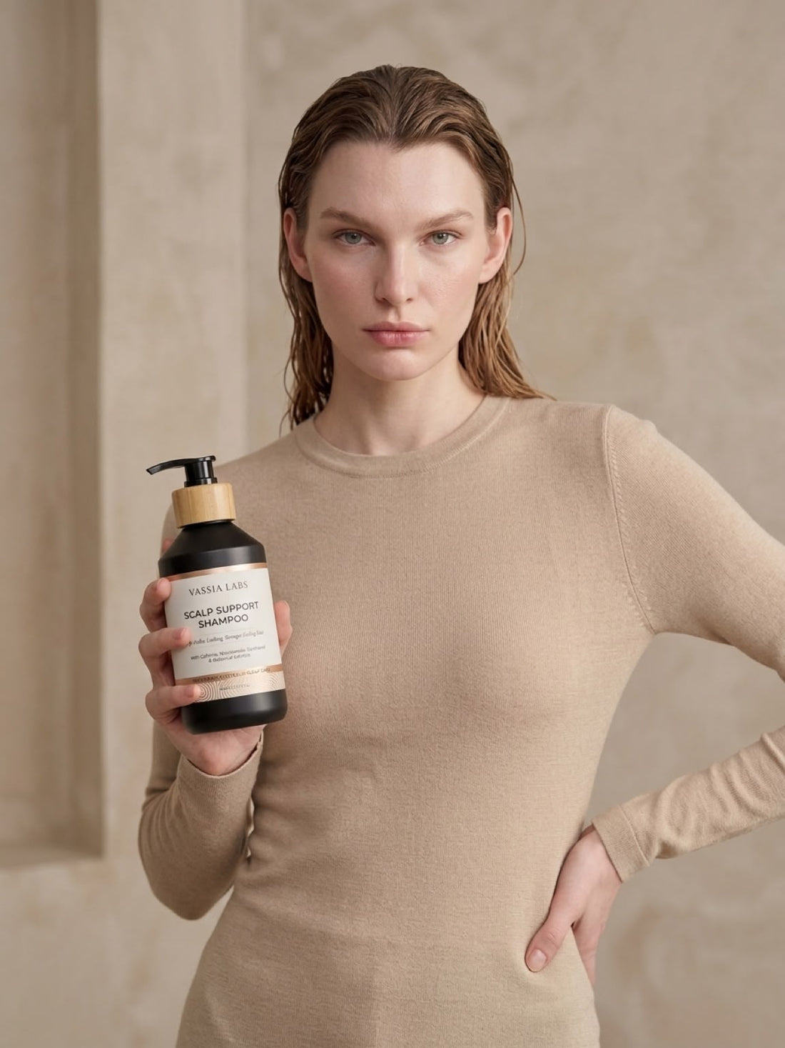 Model in beige holding Vassia Labs shampoo.