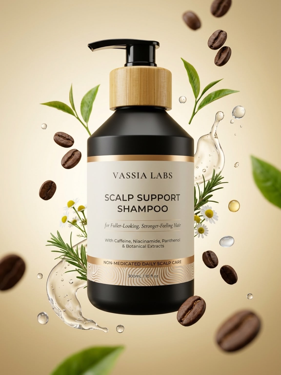 Vassia Labs shampoo with coffee beans and botanical ingredients.